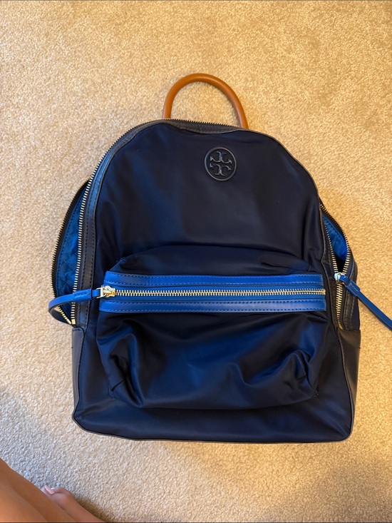 Tory Burch Handbags - Tory Burch Navy Backpack with Bright Blue Trim and Tan Handle